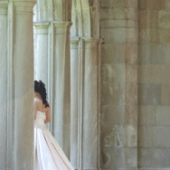 Bride in bridal gown at castle