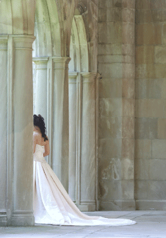 Bride in bridal gown at castle